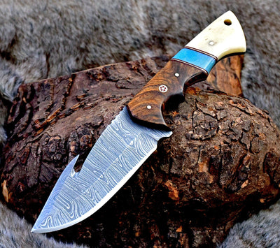 Damascus Hunting Knife Rosewood & Bone Handle