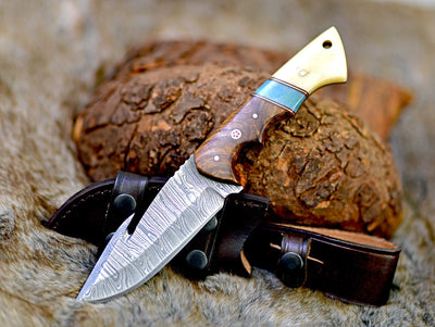 Damascus Hunting Knife Rosewood & Bone Handle